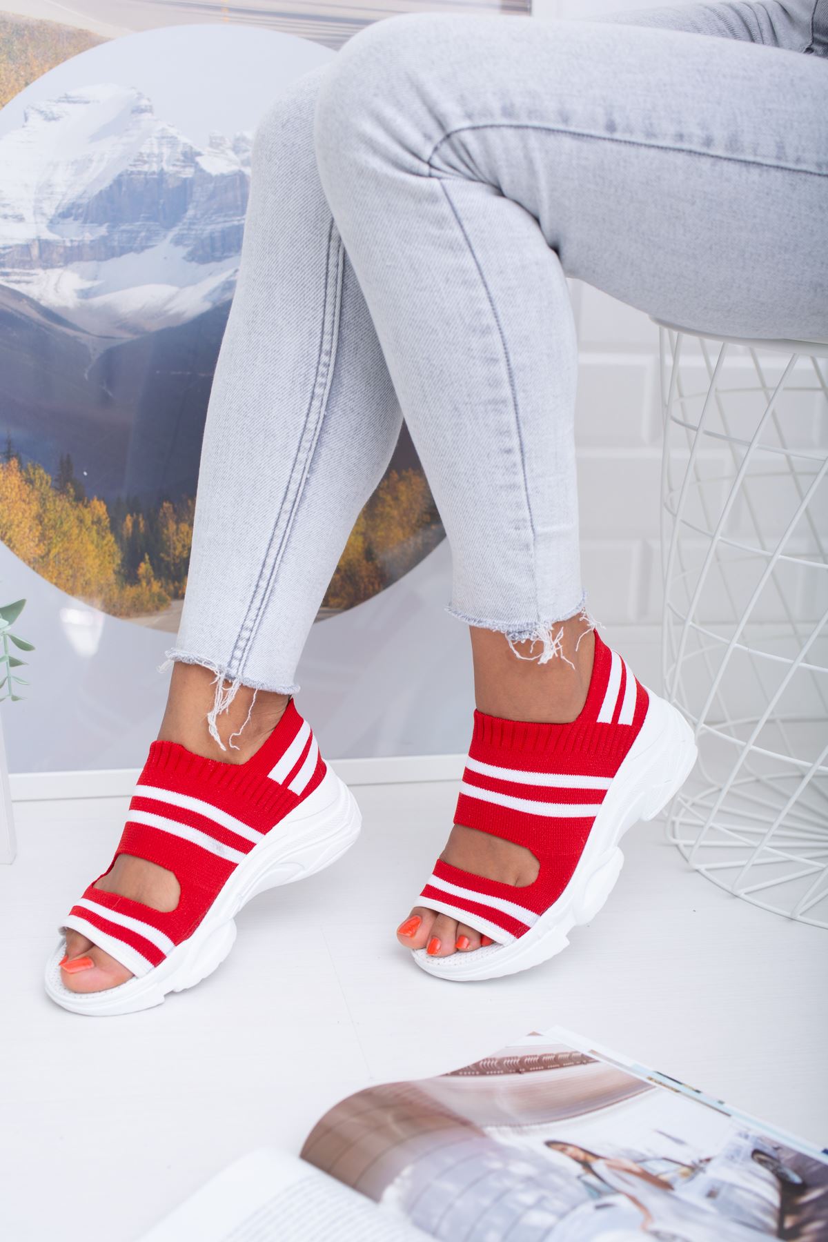 Hera Kırmızı  Beyaz Triko Spor Kadın Sandalet