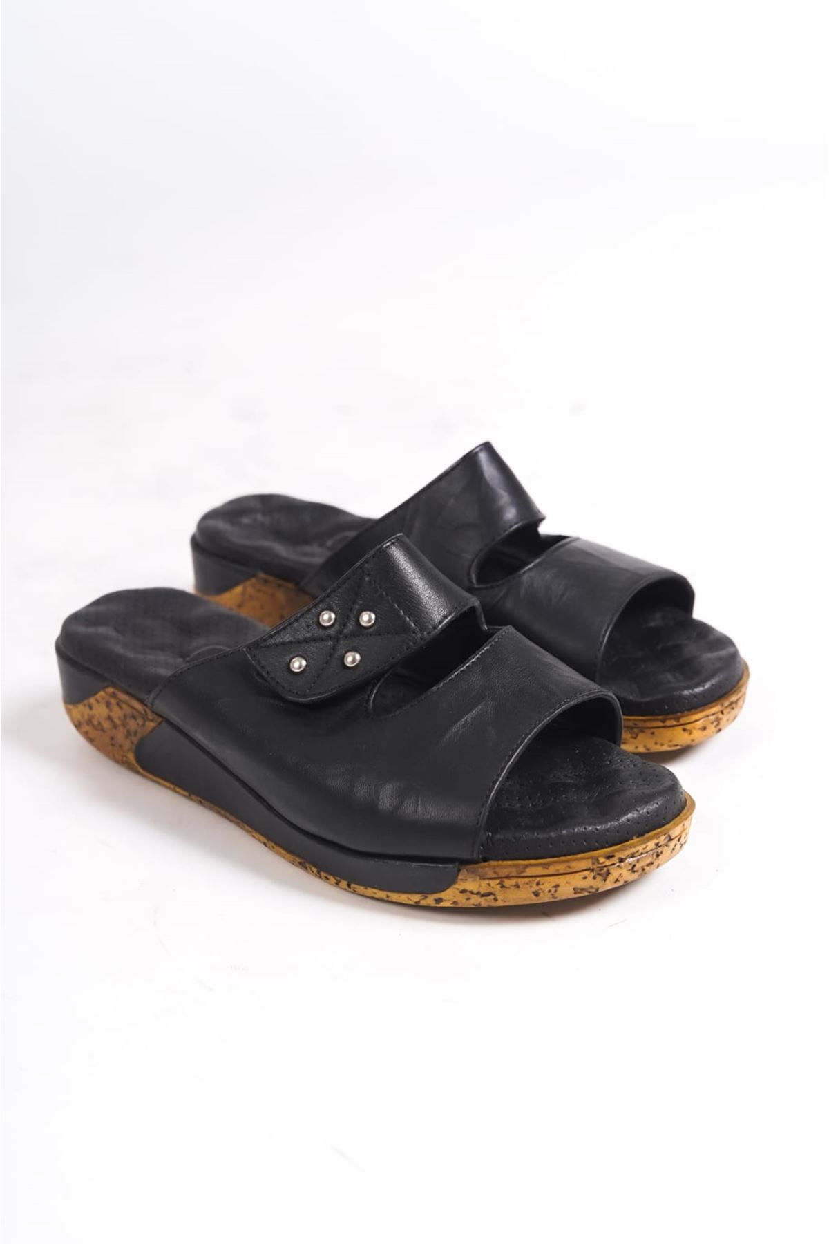 Eclipse Kadın Hakiki Deri Siyah Ortopedik Taban Terlik