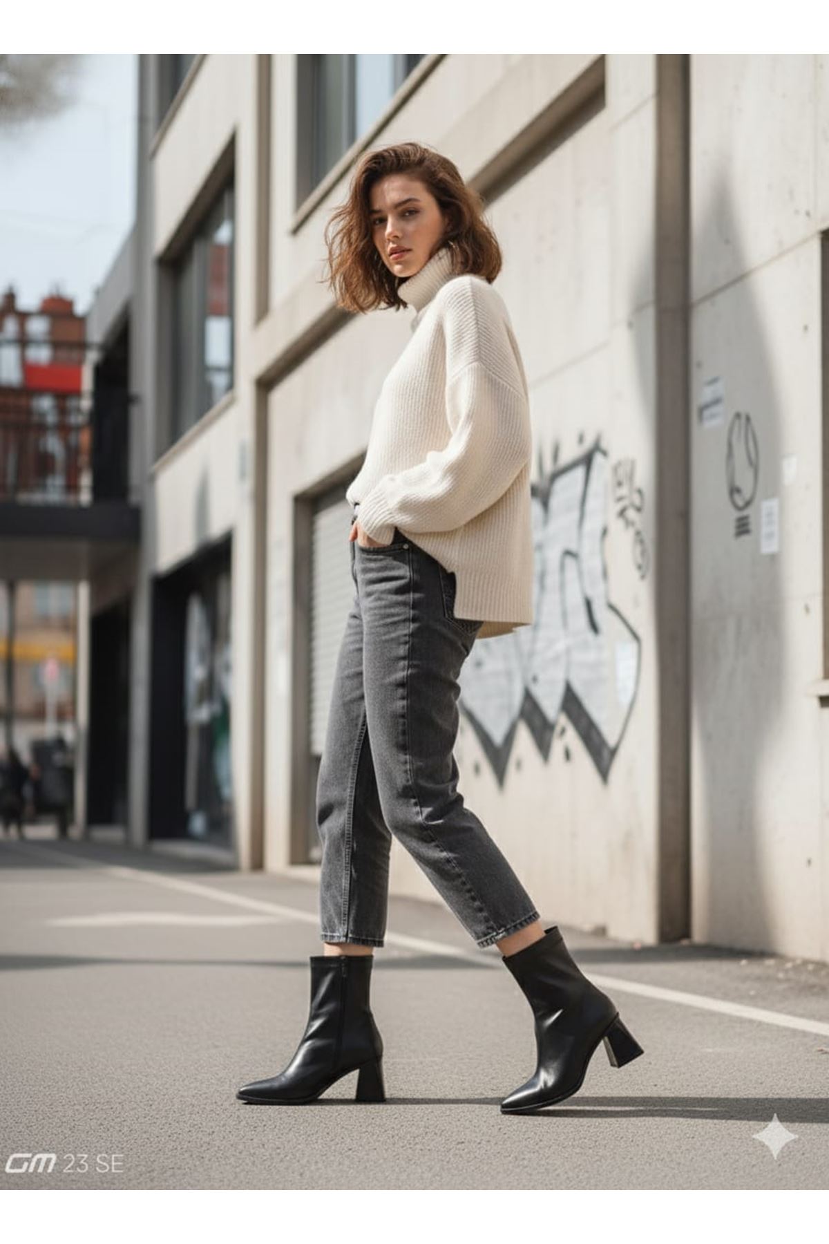 MS Kadın Siyah Sivri Burun Kalın Topuklu Streç Bot