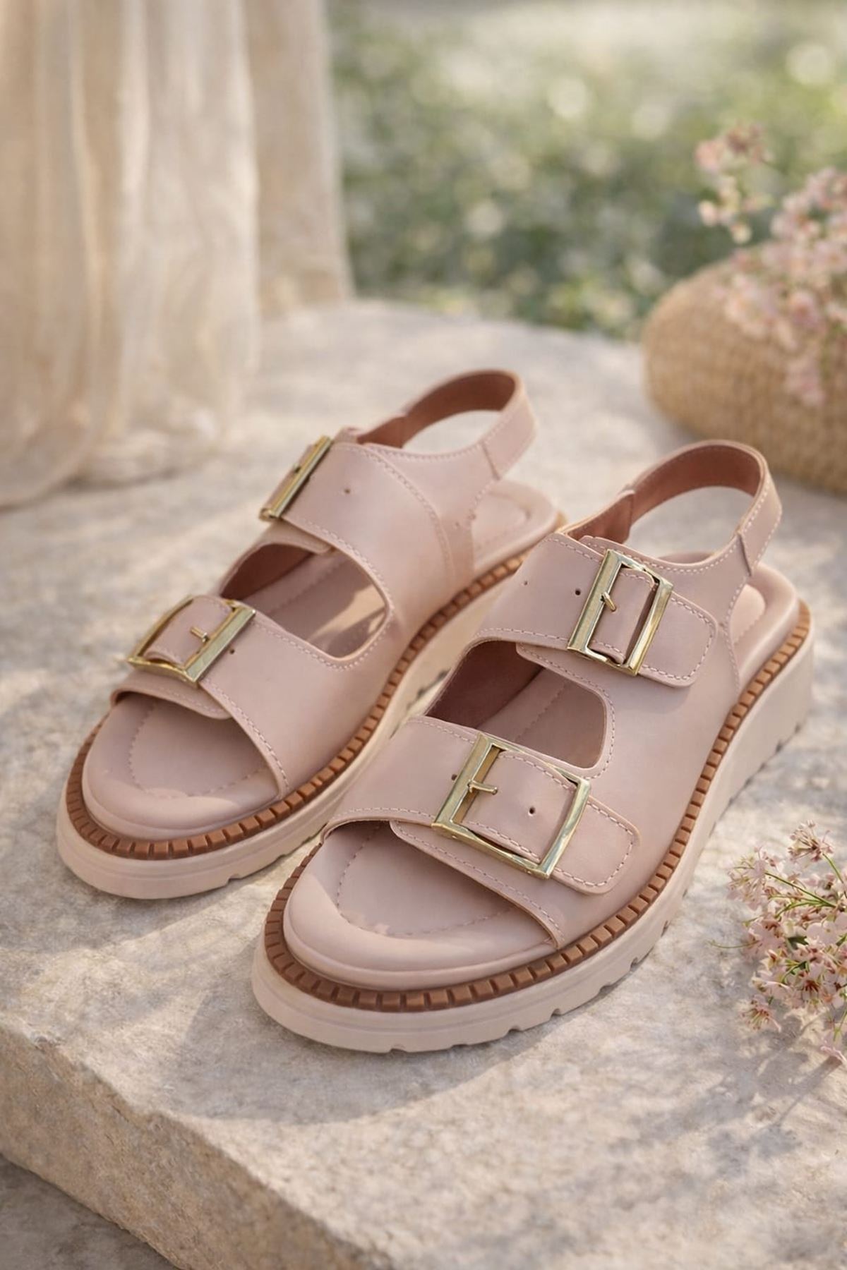 Çift Tokalı Kadın Sandalet Bej Cilt