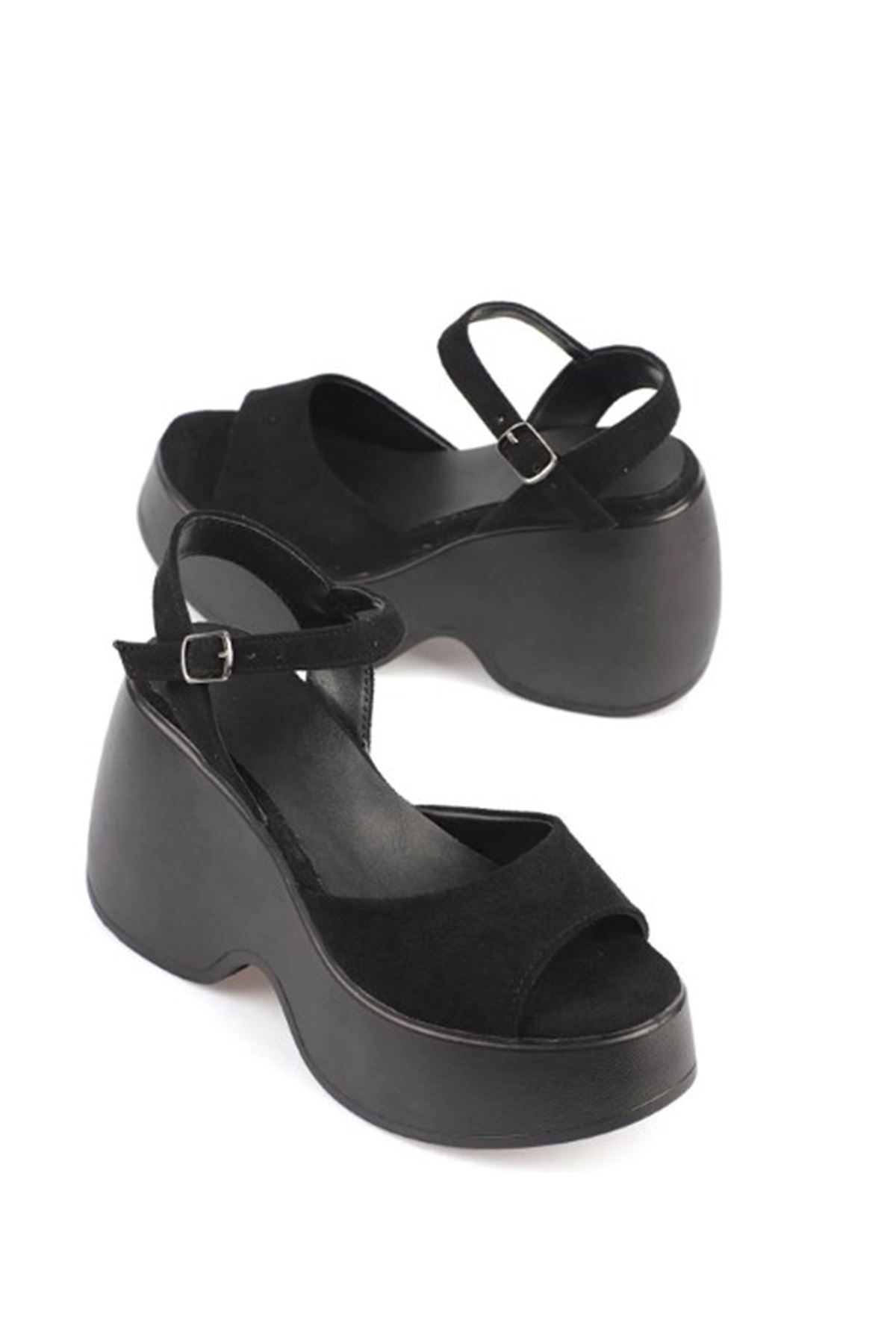 SİYAH Süet Dolgu Topuklu Kadın Ayakkabı