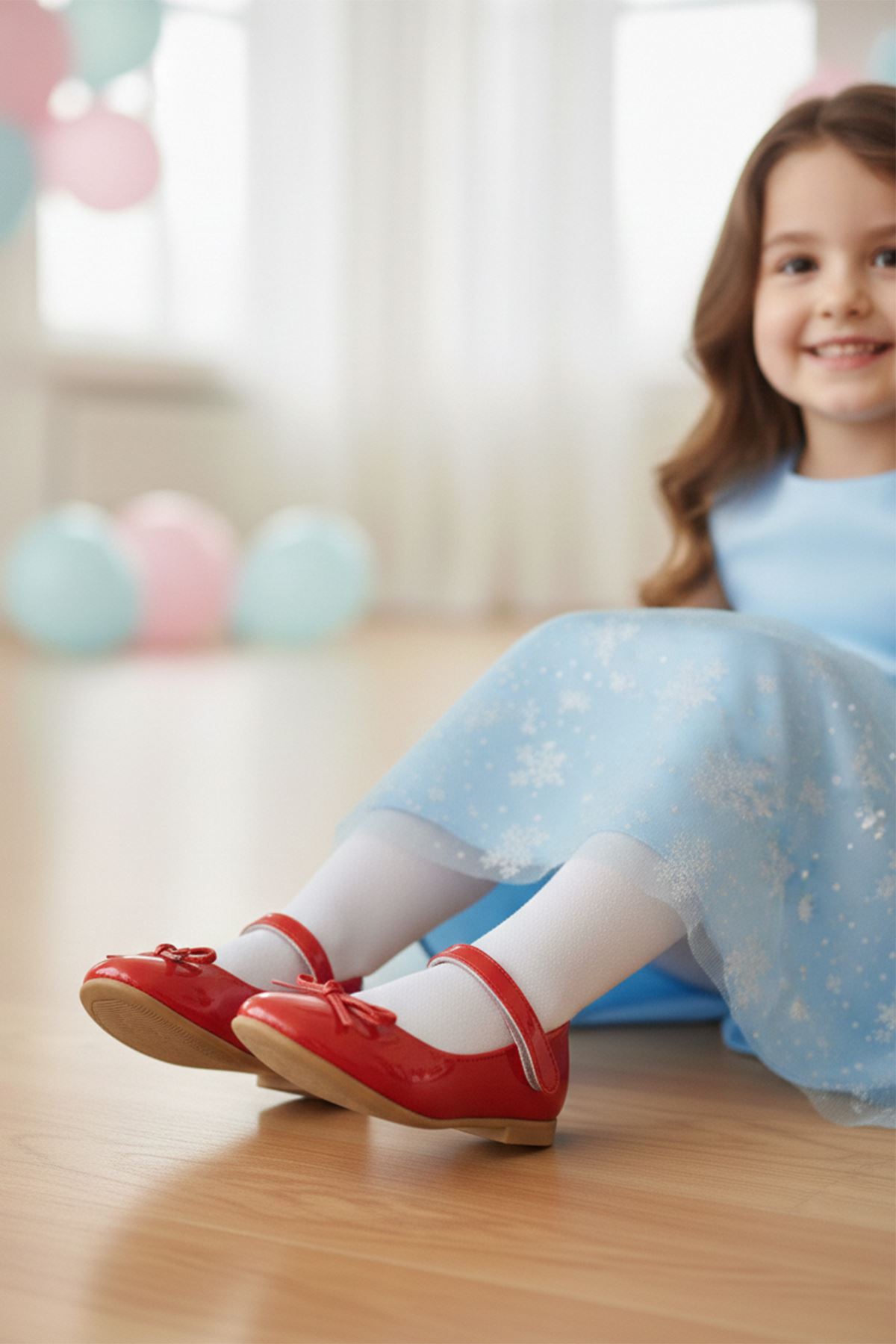 Kırmızı Taşlı Cırtlı Kız Çocuk Fiyonklu Babet Ayakkabı 