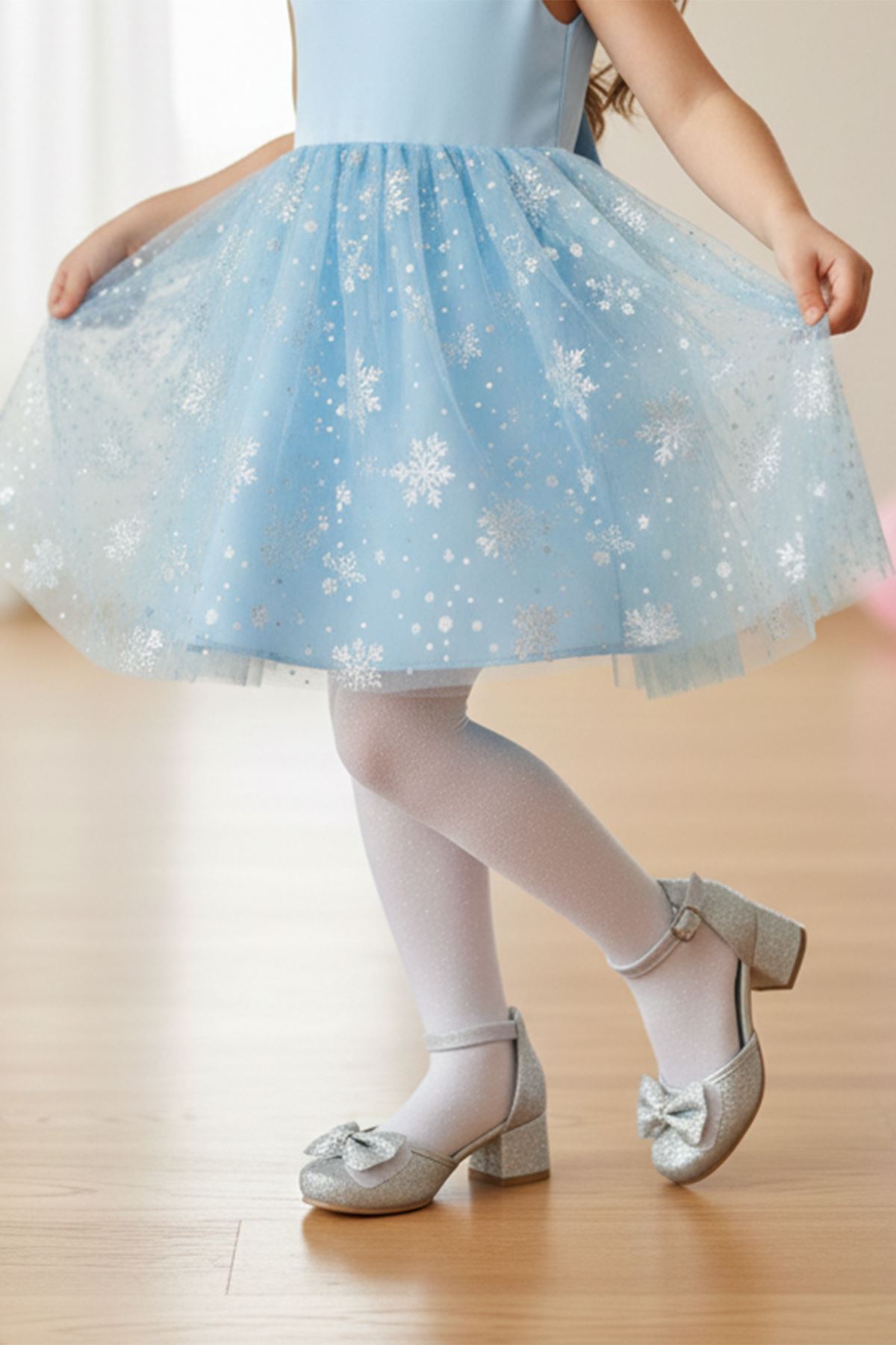 Luna Gümüş Simli Fiyonklu Kız Çocuk Topuklu Ayakkabı 