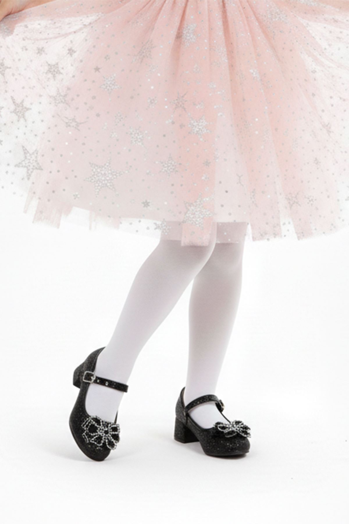 Luna Topuklu Siyah Simli Kız Çocuk Ayakkabı