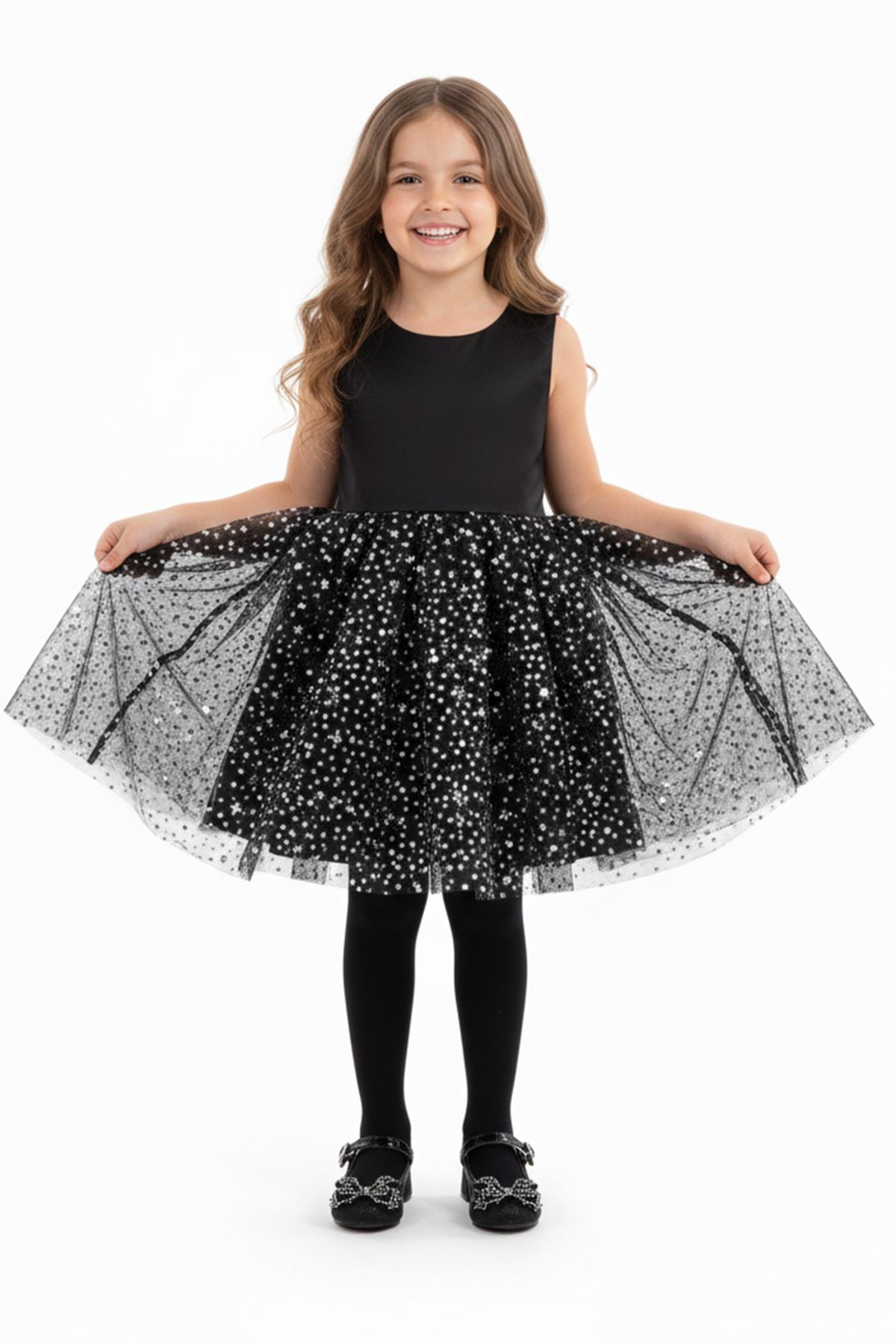 Topuklu Siyah Simli Kız Çocuk Ayakkabı