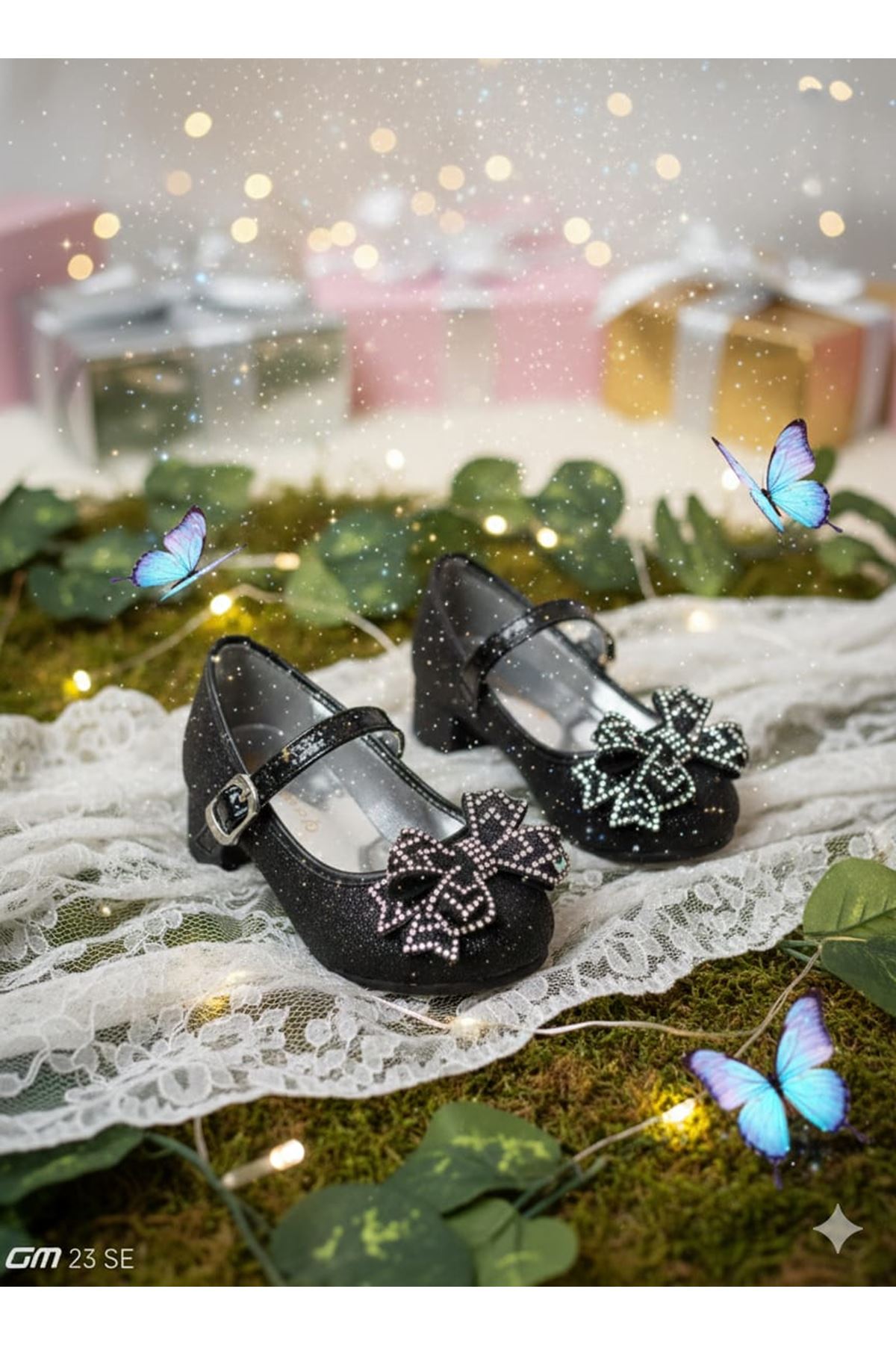 Topuklu Siyah Simli Kız Çocuk Ayakkabı