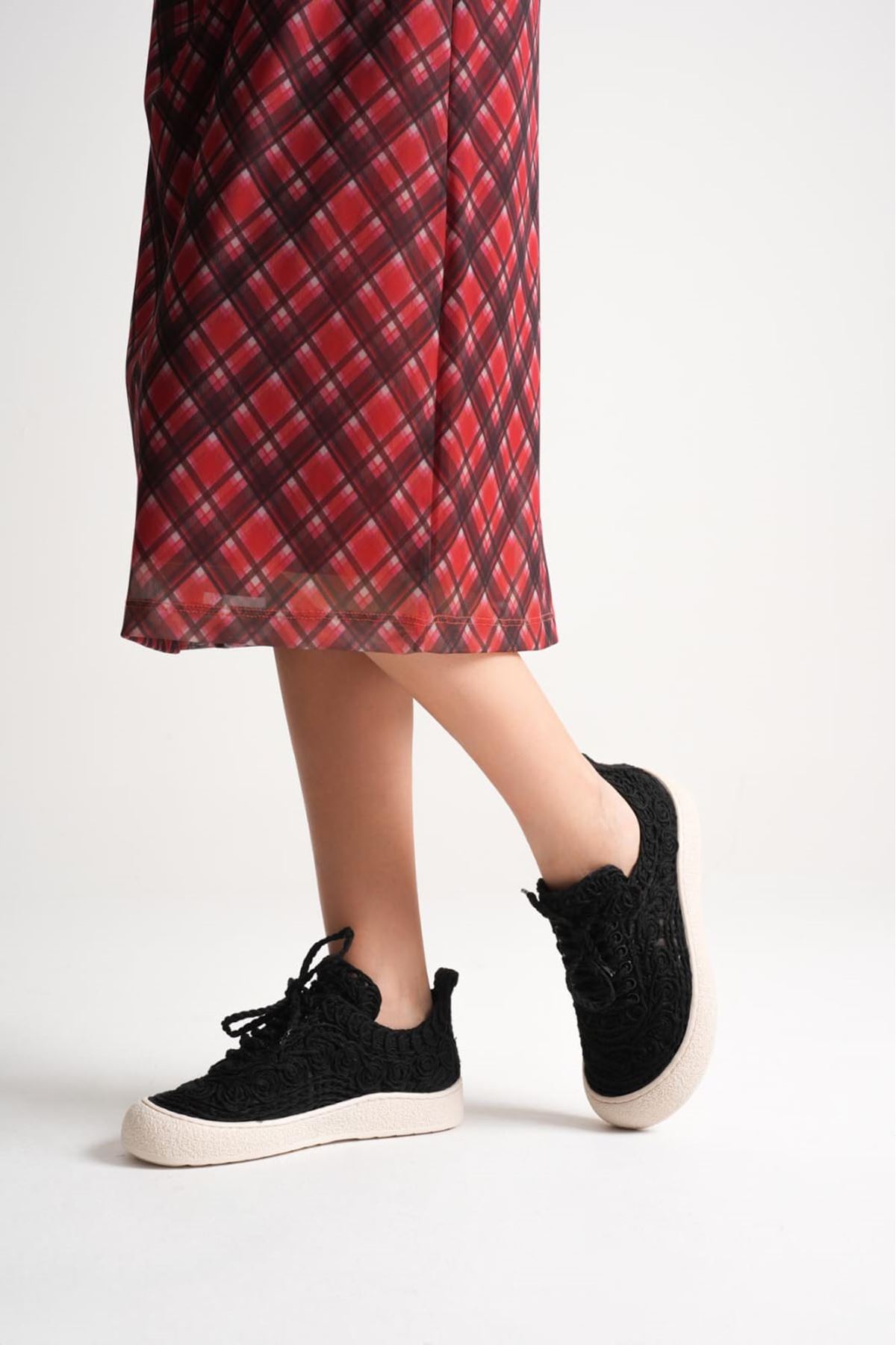 Amida Siyah Kadın Sneaker Triko Spor Ayakkabı  