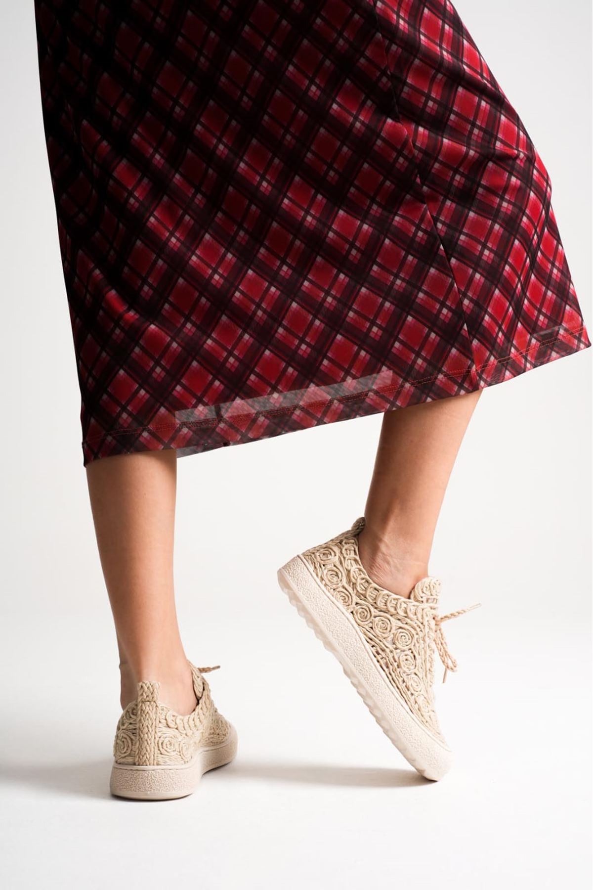 Amida Bej Kadın Sneaker Triko Spor Ayakkabı 