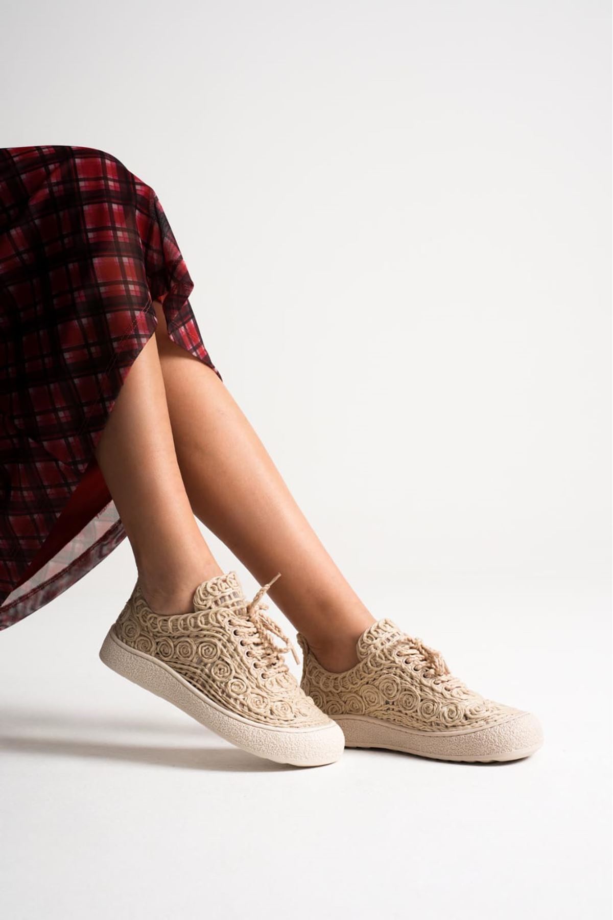 Amida Bej Kadın Sneaker Triko Spor Ayakkabı 