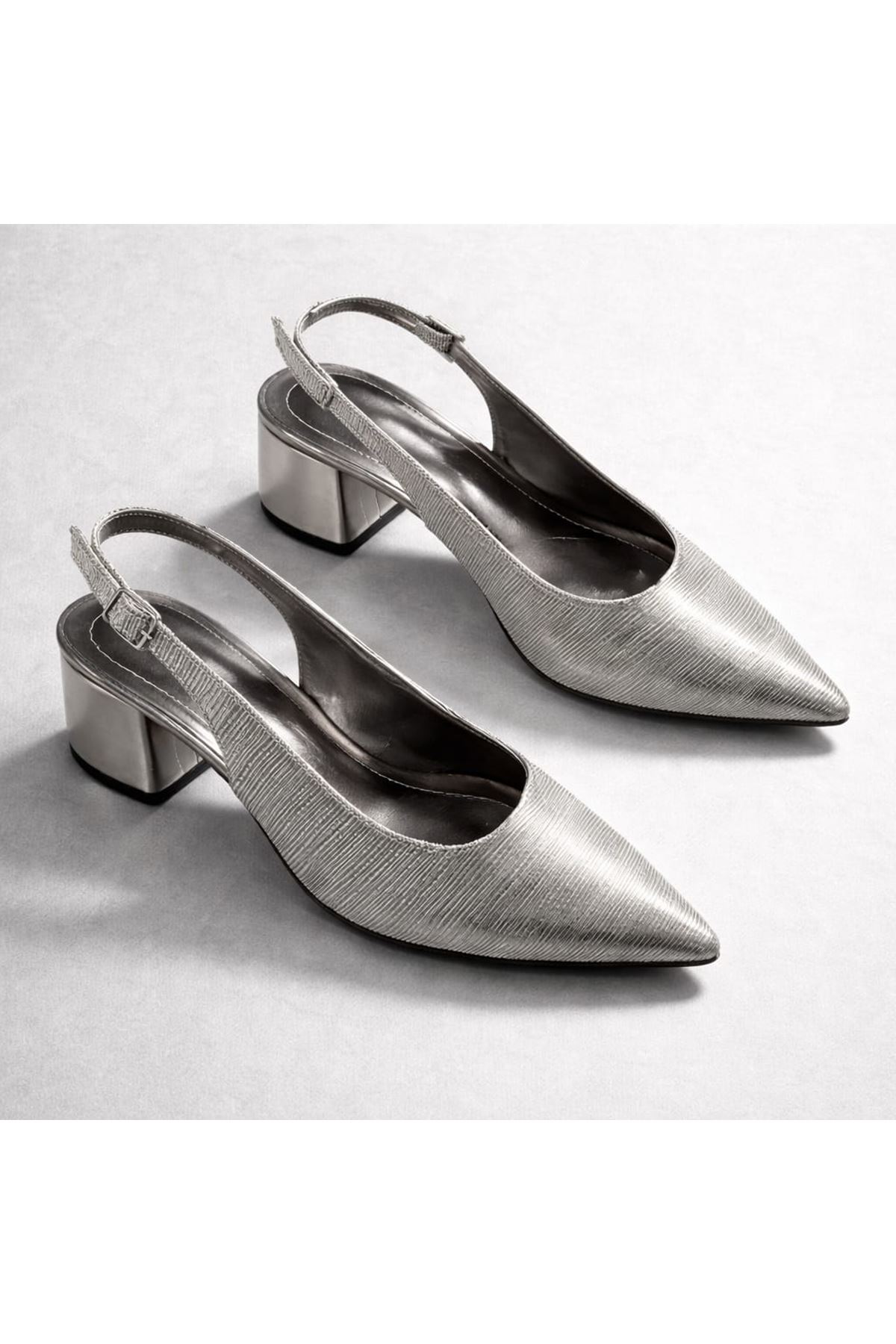 Nyobe Gri Platin Simli Topuklu Kadın Abiye Ayakkabı