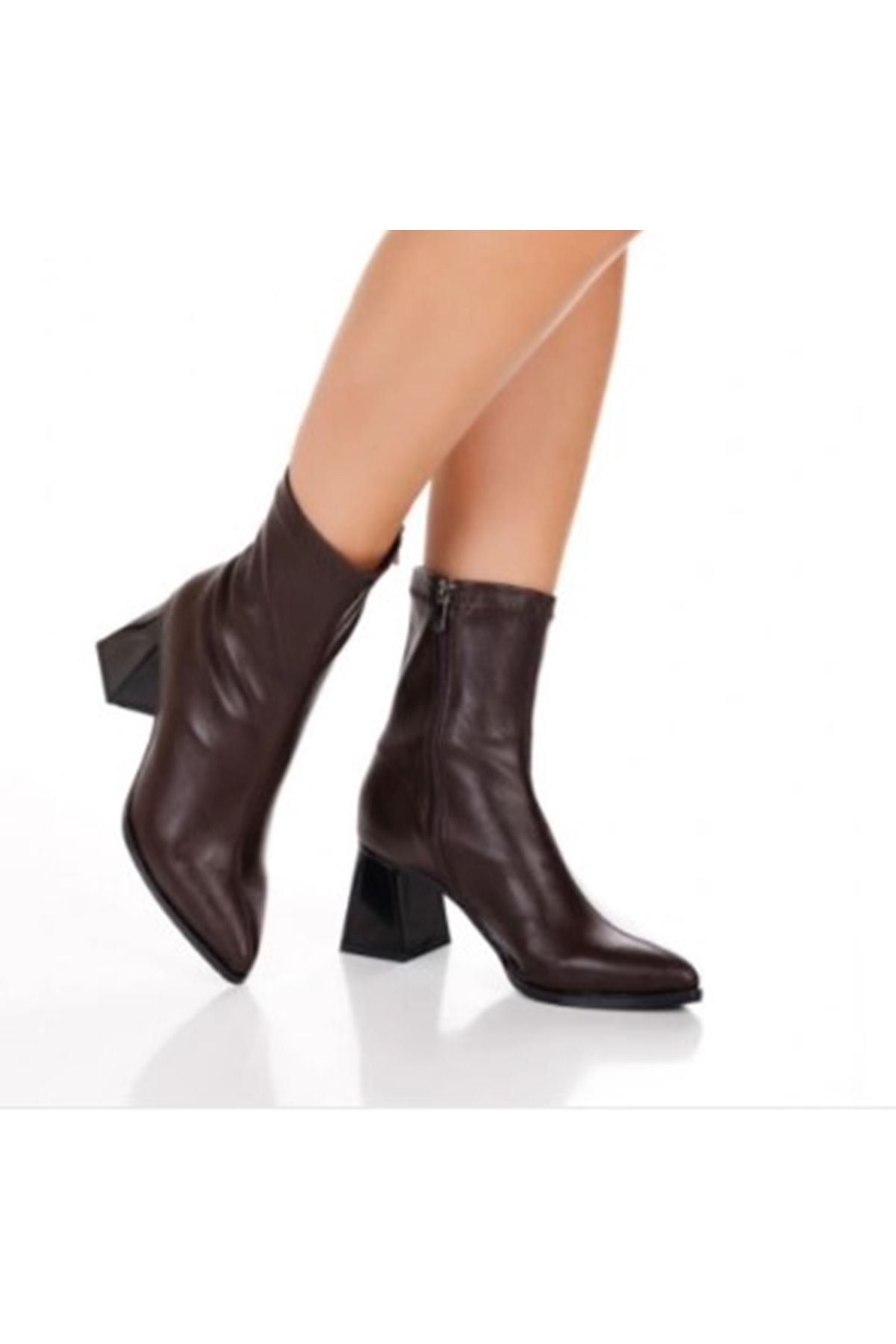 Lio Shoes Kadın KAHVE  Sivri Burun Kalın Topuklu Streç Bot