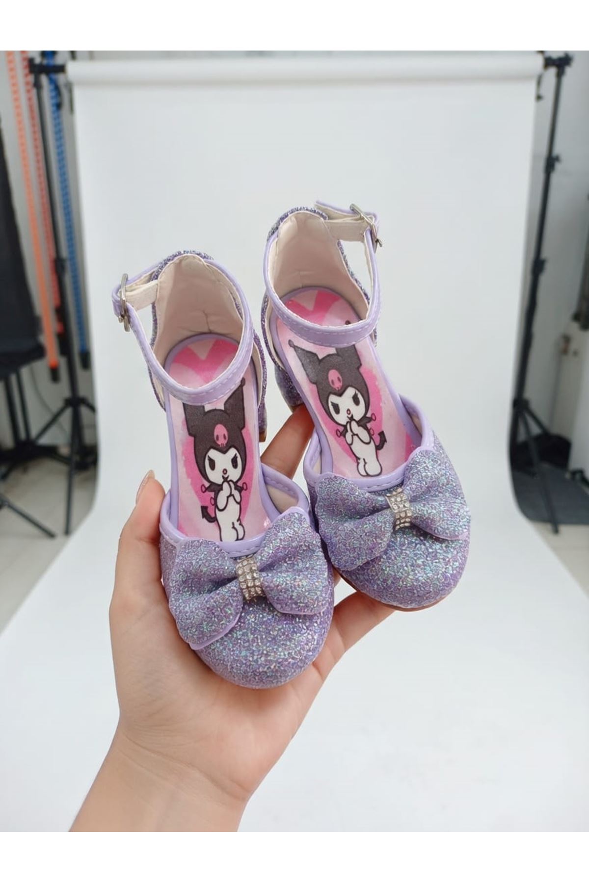 Prenses Kız Çocuk Kromi Baskılı Topuklu Ayakkabı, Simli,Fiyonklu,Abiye Ayakkabı