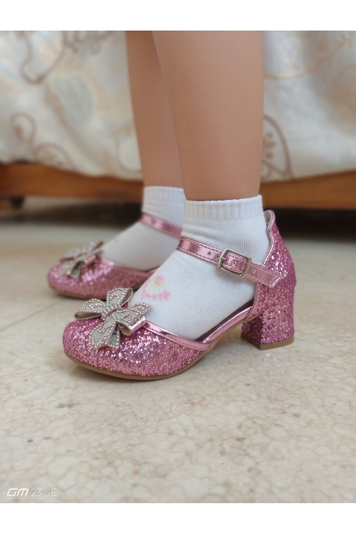 pembe  fiyonklu Cam Kırığı Kare Topuklu Abiye Ayakkabı