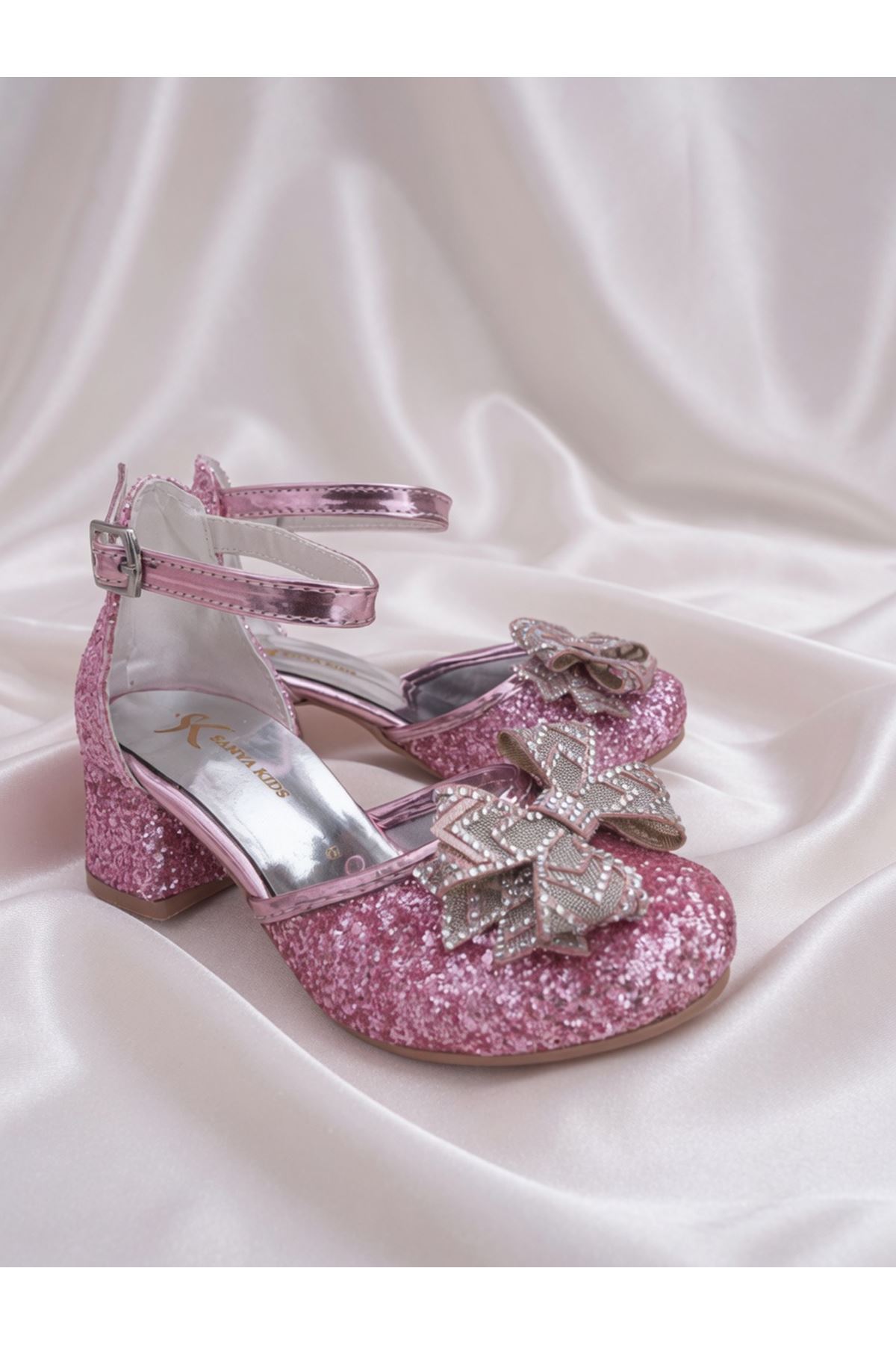 pembe  fiyonklu Cam Kırığı Kare Topuklu Abiye Ayakkabı