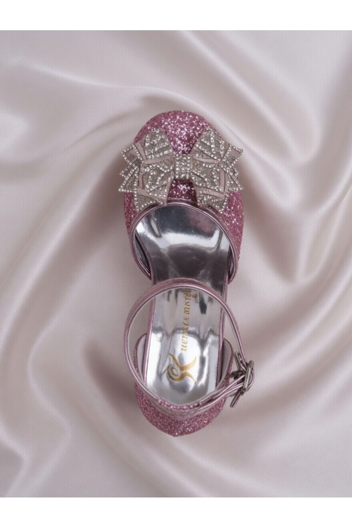 pembe  fiyonklu Cam Kırığı Kare Topuklu Abiye Ayakkabı