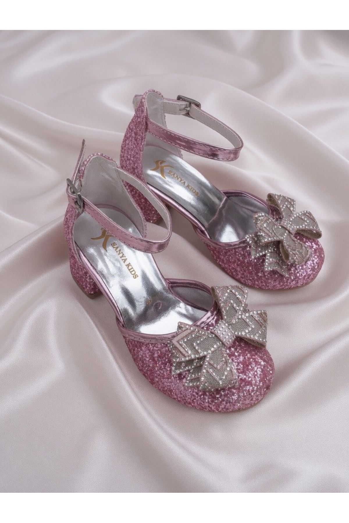 pembe  fiyonklu Cam Kırığı Kare Topuklu Abiye Ayakkabı