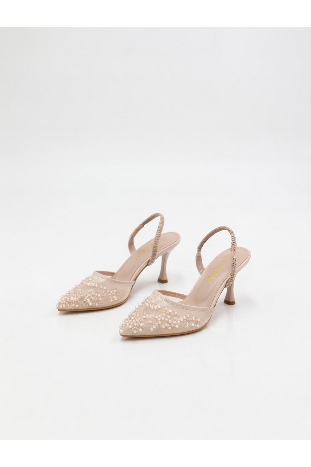 ZARİF İŞLEMELİ, Dantel ve İnci Detaylı Arka Lastikli Kadın Abiye Ayakkabı