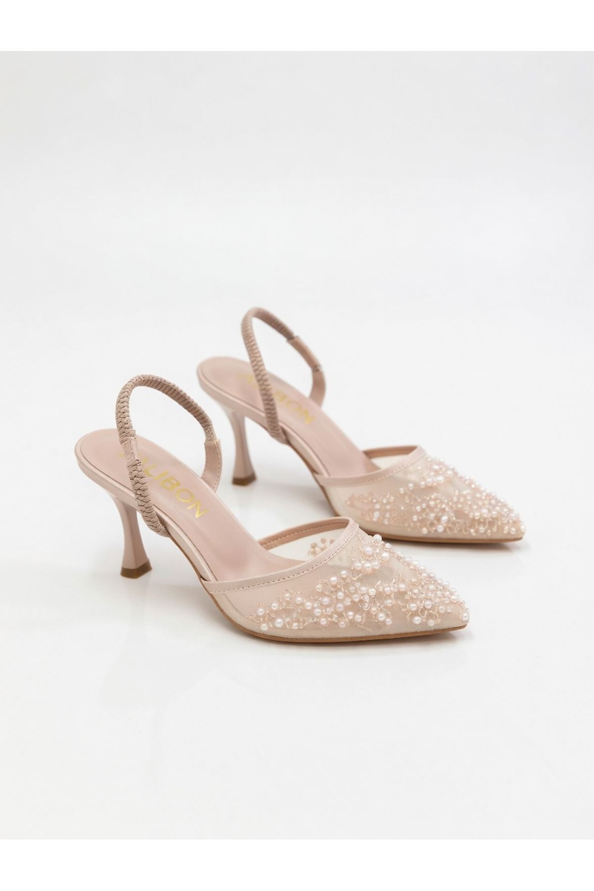 ZARİF İŞLEMELİ, Dantel ve İnci Detaylı Arka Lastikli Kadın Abiye Ayakkabı