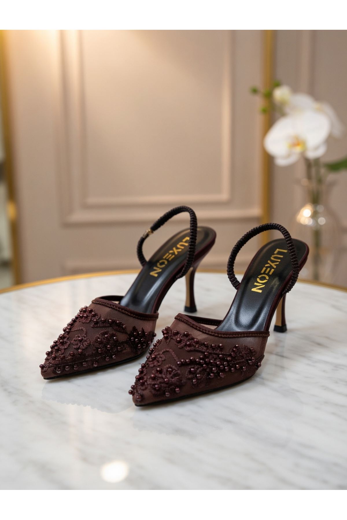 ZARİF İŞLEMELİ, Dantel ve İnci Detaylı Arka Lastikli Kadın Abiye Ayakkabı