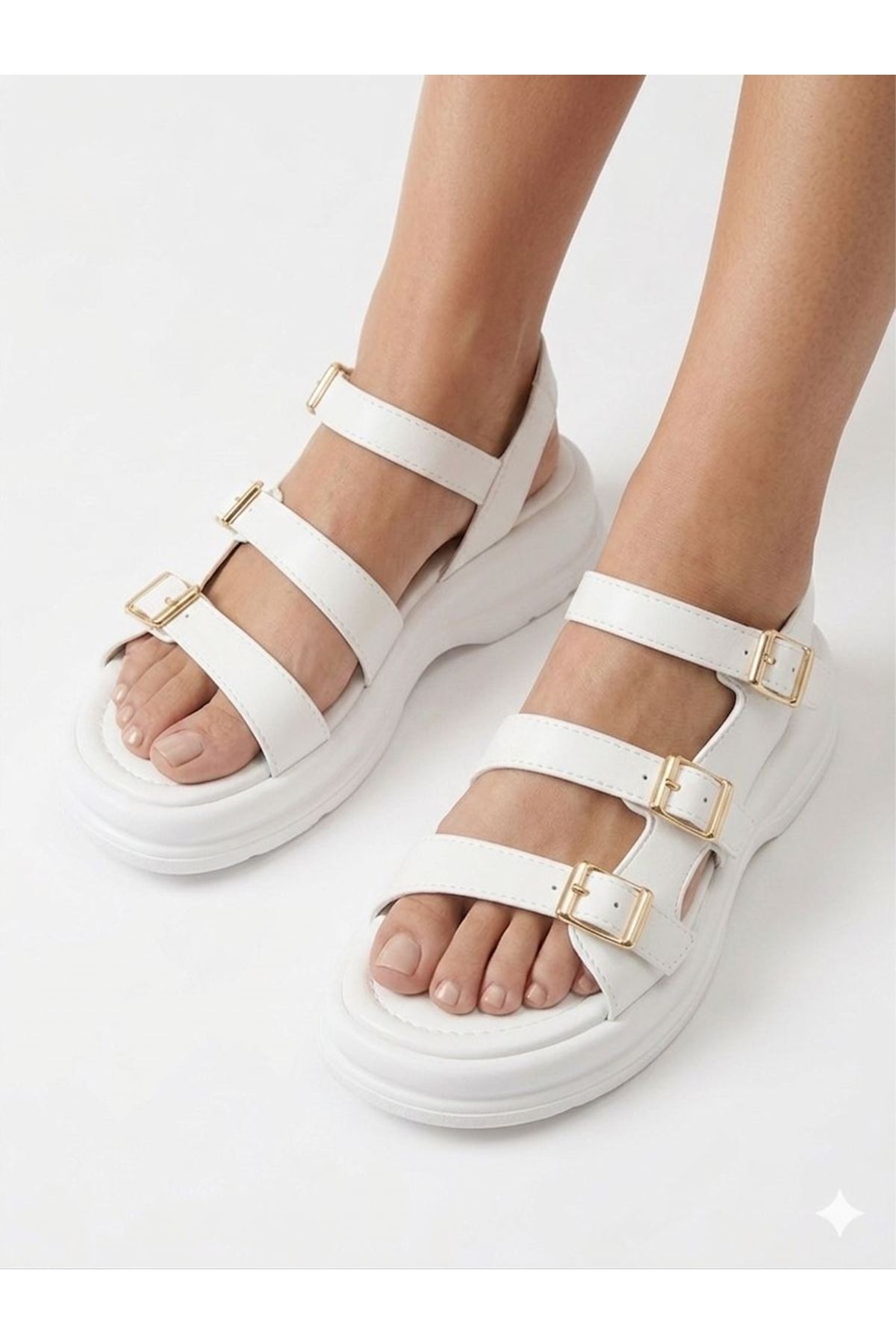 Kadın  Kalın Taban Sandalet 3 Tokalı Günlük Rahat Yazlık Ayakkabı