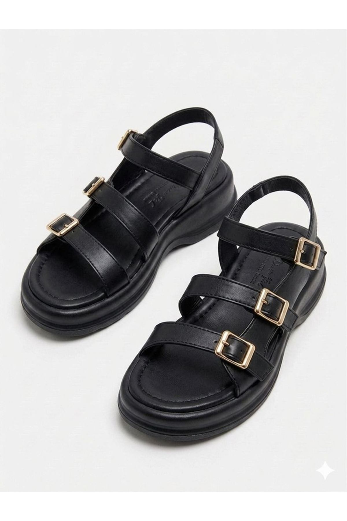 Kadın Kalın Taban Siyah  Sandalet 3 Tokalı Günlük Rahat Yazlık Ayakkabı