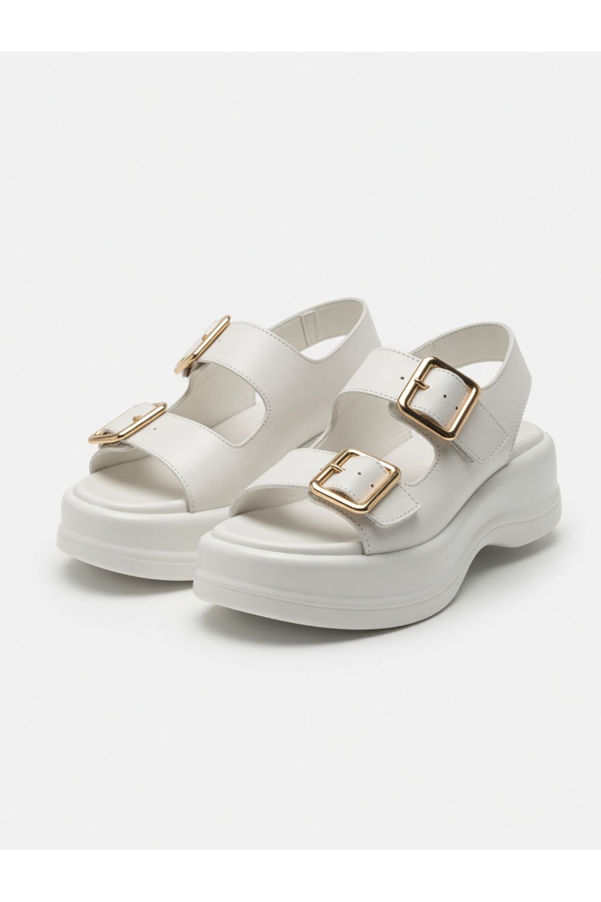 NOWA Kadın Beyaz Yüksek Tabanlı Rahat Çift Tokalı Terlik