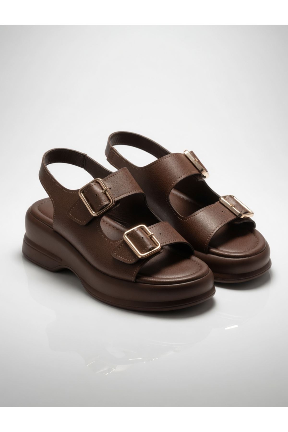 NOWA Kadın KAHVE Yüksek Tabanlı Rahat Çift Tokalı Terlik