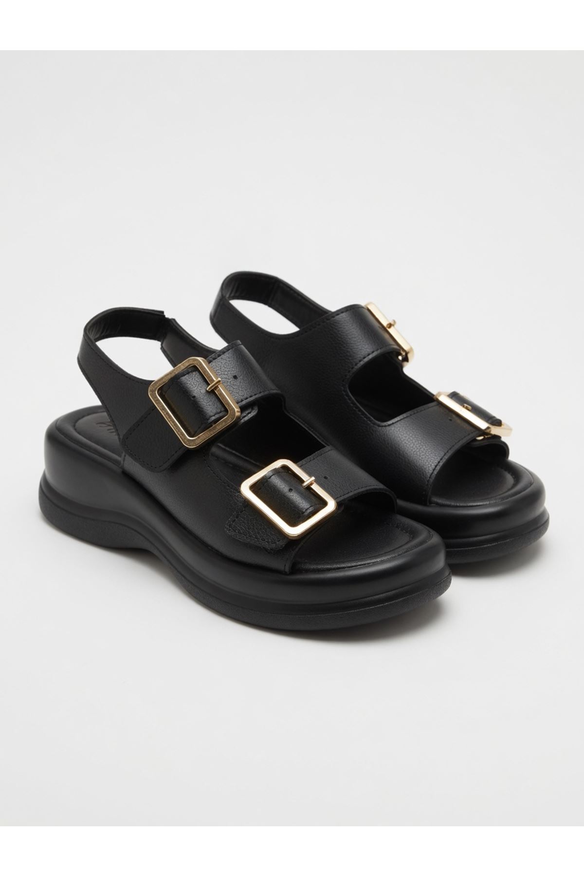 NOWA Kadın SİYAH Yüksek Tabanlı Rahat Çift Tokalı Terlik