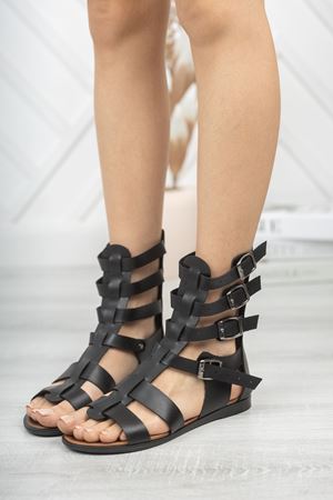 Leydi Hakiki Deri Siyah Günlük Kadın Sandalet   C-3