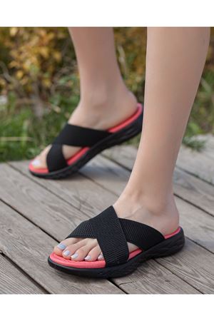 Casual Siyah-Kırmızı Çapraz Bant  Terlik  B-2