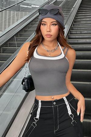 Kadın Antrasit Gri Beyaz Çift Renk Çapraz Askılı Crop Top Bluz