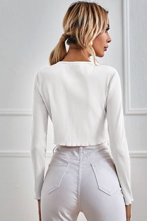 Kadın Beyaz Uzun Kollu Önden Bağlama Detaylı Crop Top Bluz