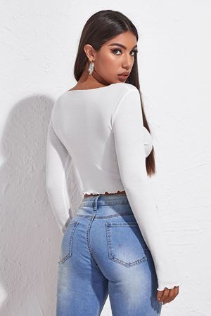 Kadın Beyaz Uzun Kollu Büzdürme Bağcık Detaylı Crop Top Bluz