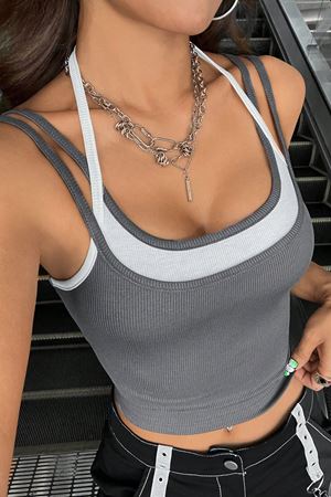Kadın Antrasit Gri Beyaz Çift Renk Çapraz Askılı Crop Top Bluz