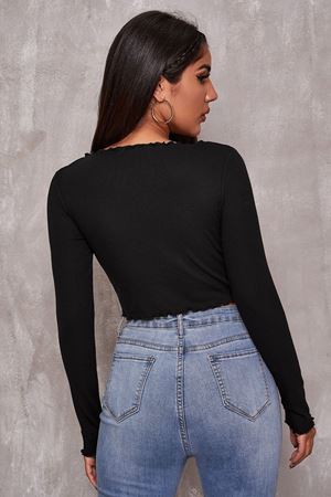 Kadın Siyah Uzun Kollu Büzdürme Bağcık Detaylı Crop Top Bluz