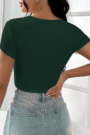 Kadın Yeşil Yarım Kol Düz Yaka Crop Top Bluz