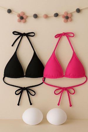 Kadın Siyah ve Fuşya Minimal Kesim Üçgen Bikini Üstü