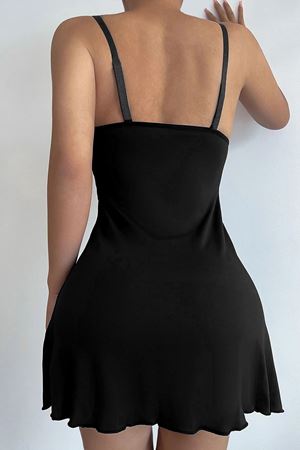 Kadın Siyah Askılı Beli Dantelli Göğsü Fiyonklu Şık Gecelik