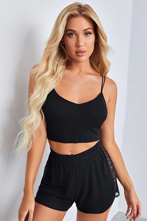 Kadın Siyah Yanları ve Sırtı Dantel Detaylı Çift Sıra İnce Lastikli Şortlu Gecelik Takım