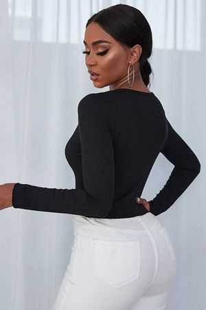 Kadın Siyah Uzun Kollu Düğmeli Göğüs ve Göbek Dekolteli Crop Top Bluz