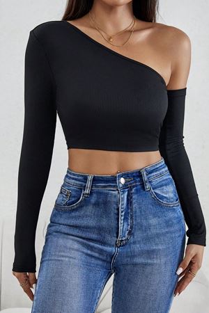 Kadın Siyah Tek Omuz Detaylı Uzun Kol Crop Top Bluz