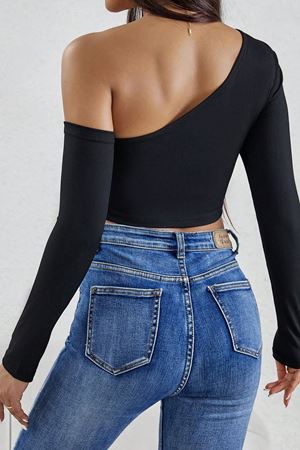 Kadın Siyah Tek Omuz Detaylı Uzun Kol Crop Top Bluz