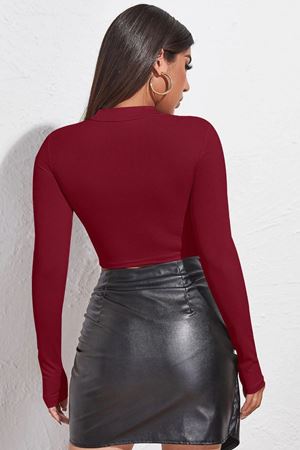Kadın Bordo Göğüs Dekolteli Uzun Kollu Cut Out Crop Top Bluz