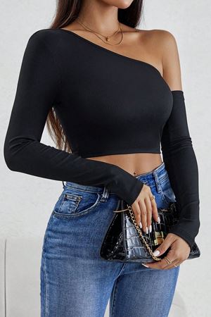 Kadın Siyah Tek Omuz Detaylı Uzun Kol Crop Top Bluz