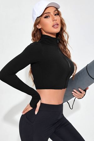 Kadın Siyah Uzun Kol Fermuarlı Parmak Geçme Detaylı Dik Yaka Crop Top Bluz