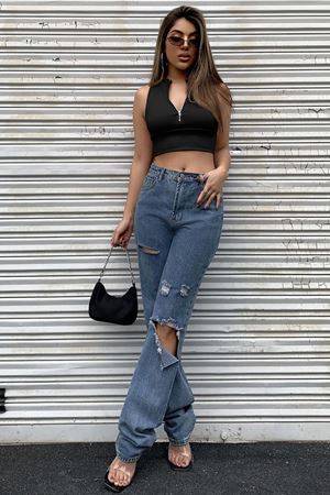Kadın Siyah Yarım Fermuarlı Sıfır Kol Crop Top Bluz