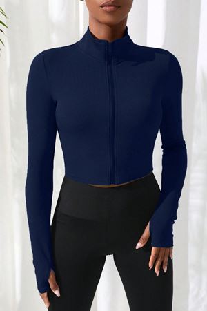 Kadın Lacivert Uzun Kol Fermuarlı Parmak Geçme Detaylı Dik Yaka Crop Top Bluz