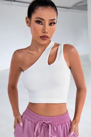 Kadın Beyaz Tek Omuz Cut Out Detaylı Crop Top Bluz