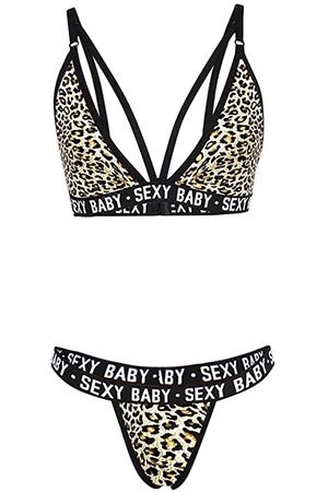 Kadın Leopar Desenli Yazı Detaylı Ipli Sütyen Takımı