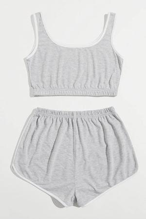 Kadın Gri Askılı Crop Top ve Şortlu Gecelik Takım